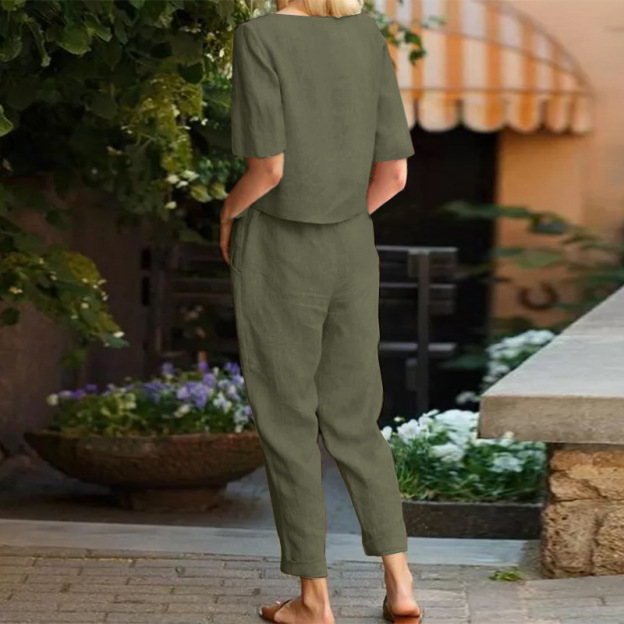 2025 new women's cotton and linen set （half sleeve + wide leg pants）