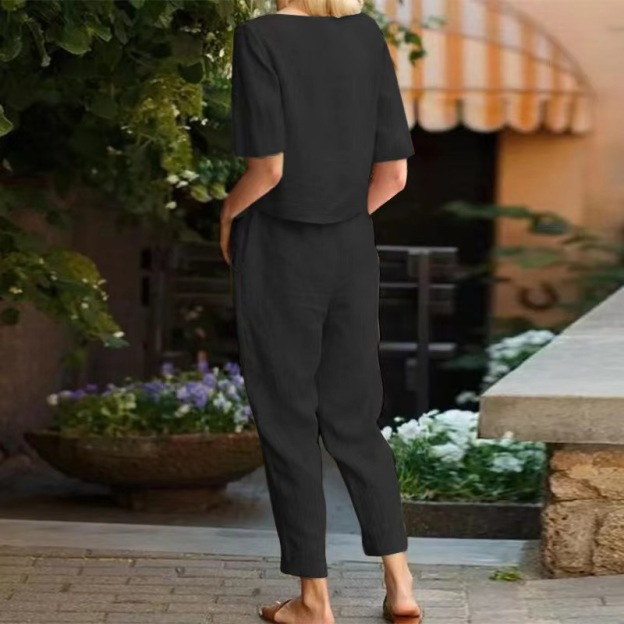 2025 new women's cotton and linen set （half sleeve + wide leg pants）