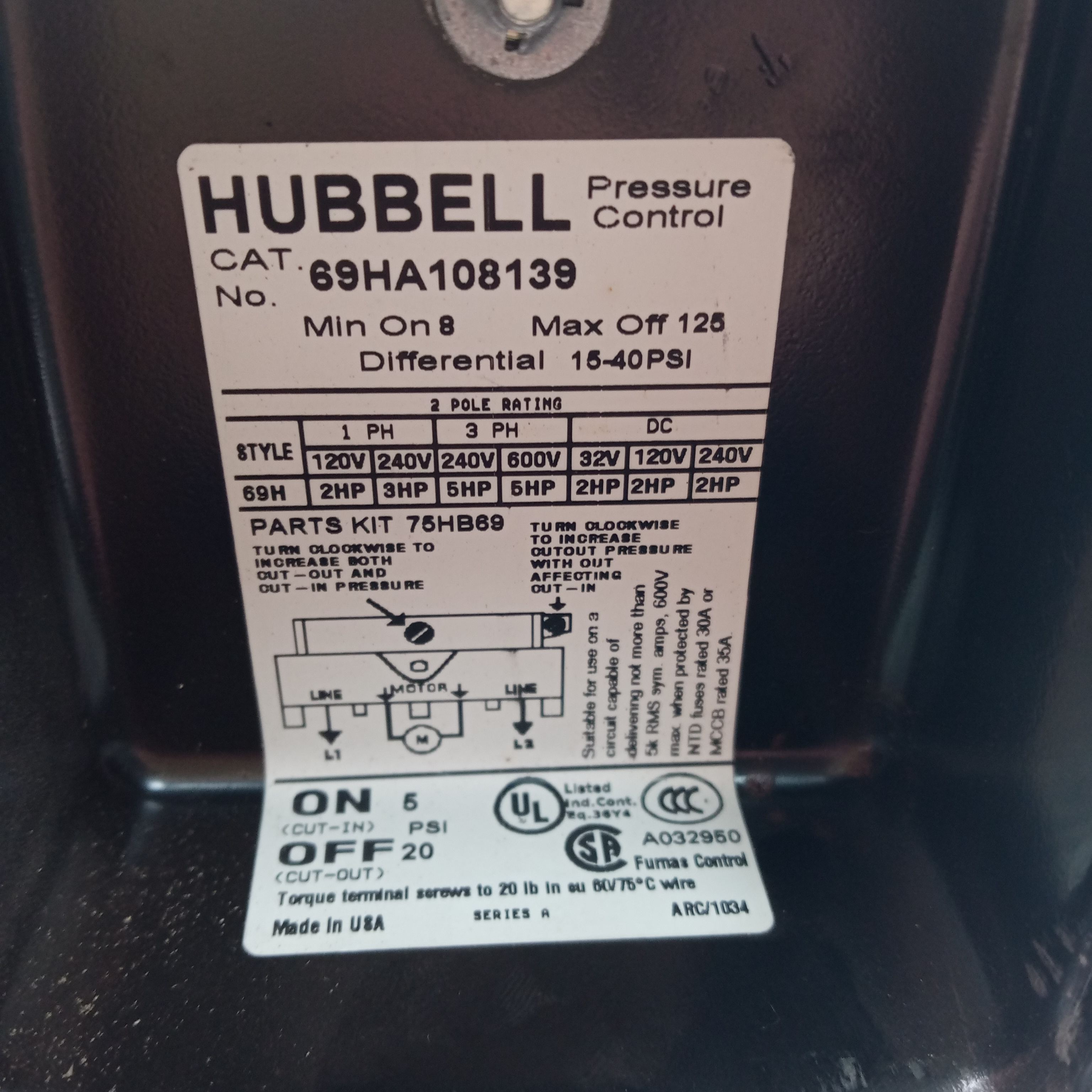 Furnas Pressure Switch 69HA108139