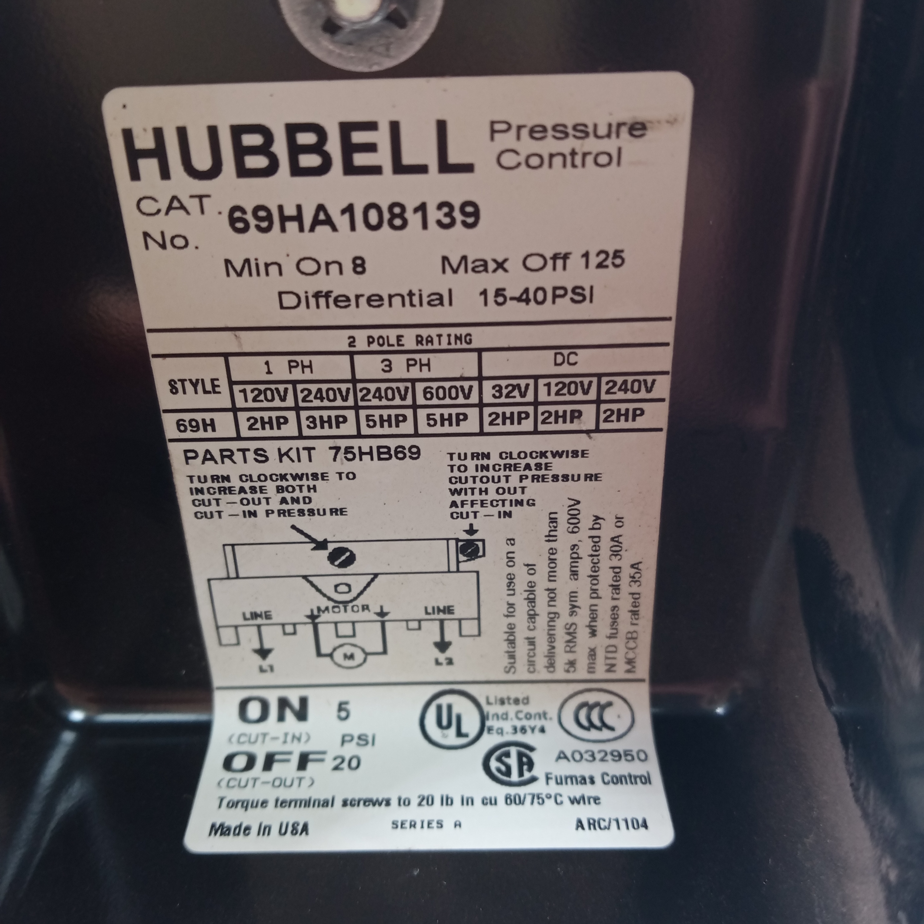 Hubbell Pressure Switch 69HA108139
