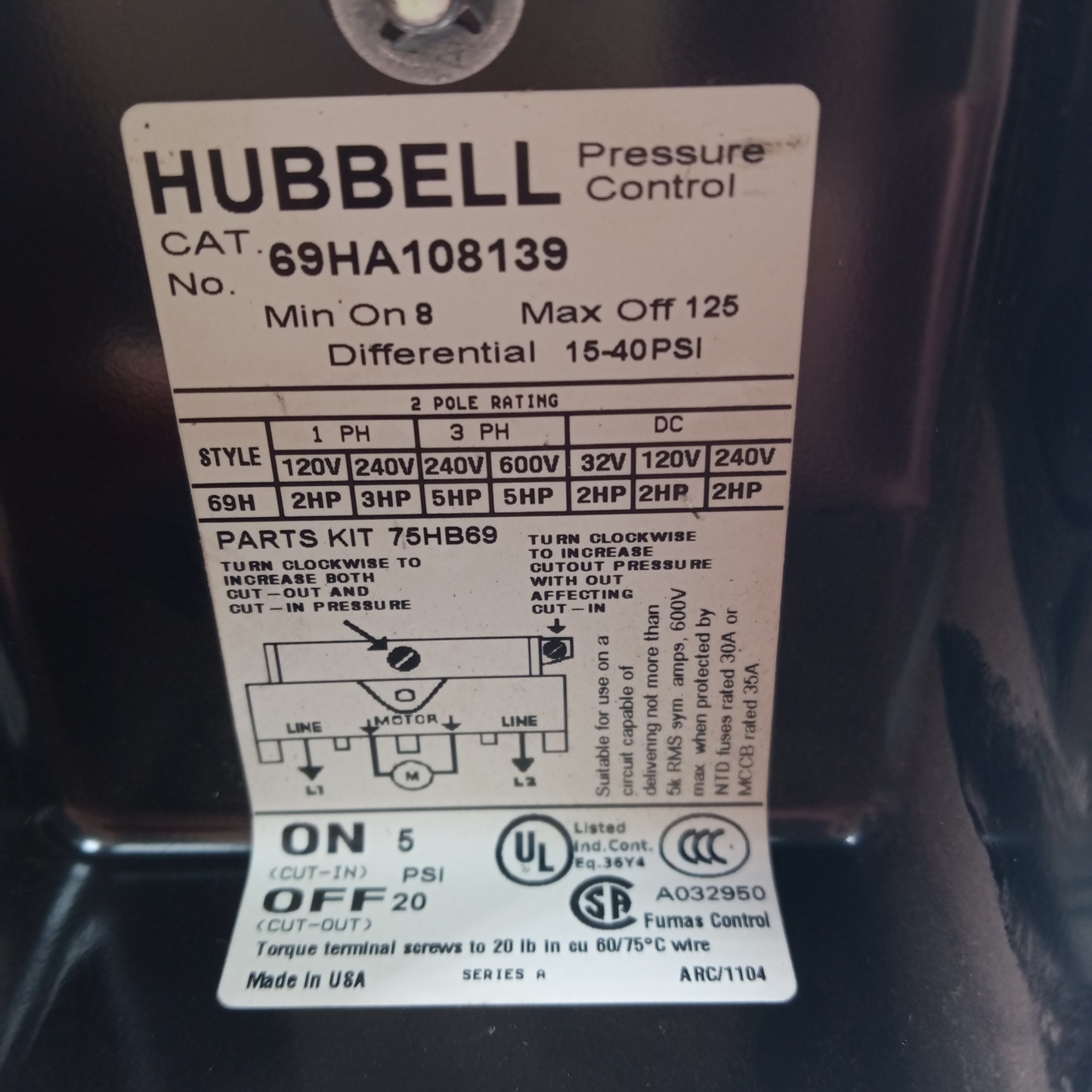 Hubbell Pressure Switch 69HA108139