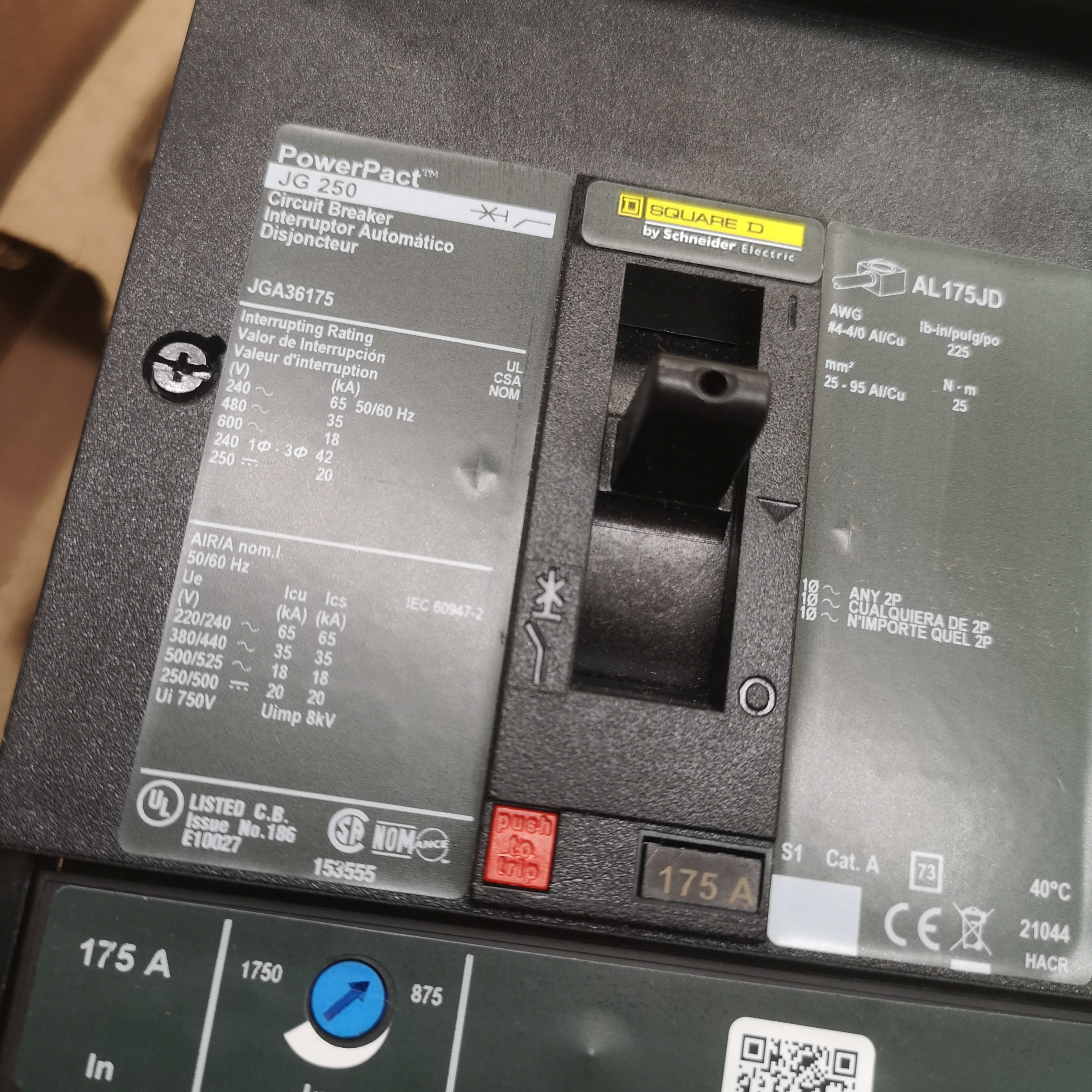 Square D JGA36175 Powerpact Molded Case Circuit Breaker