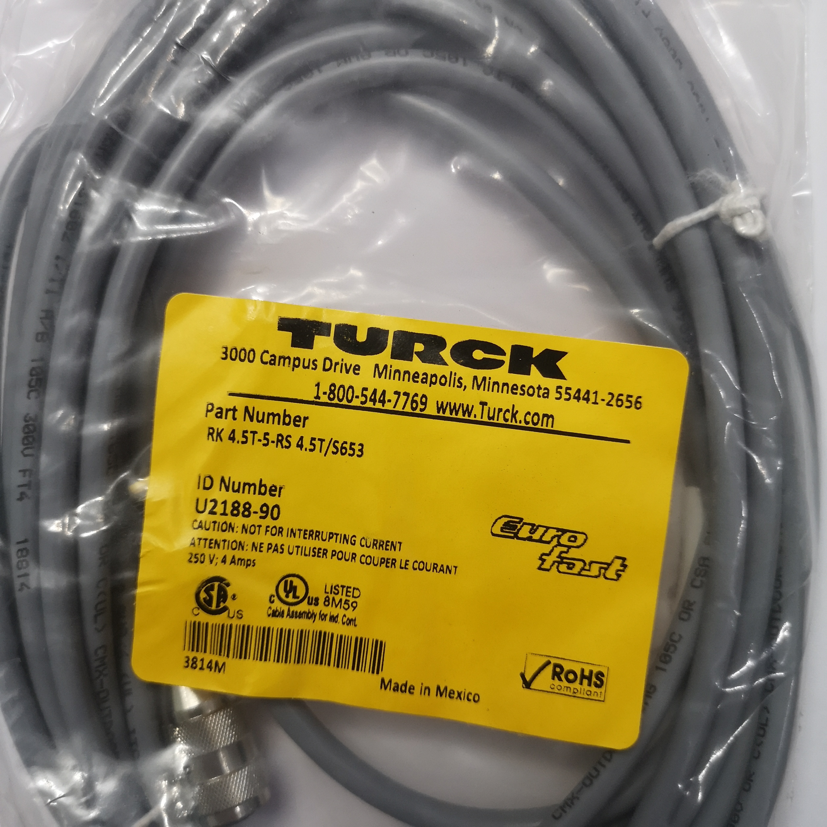Turck U2188-90 RK 4.5T-5-RS 4.5T/S653 Cable New