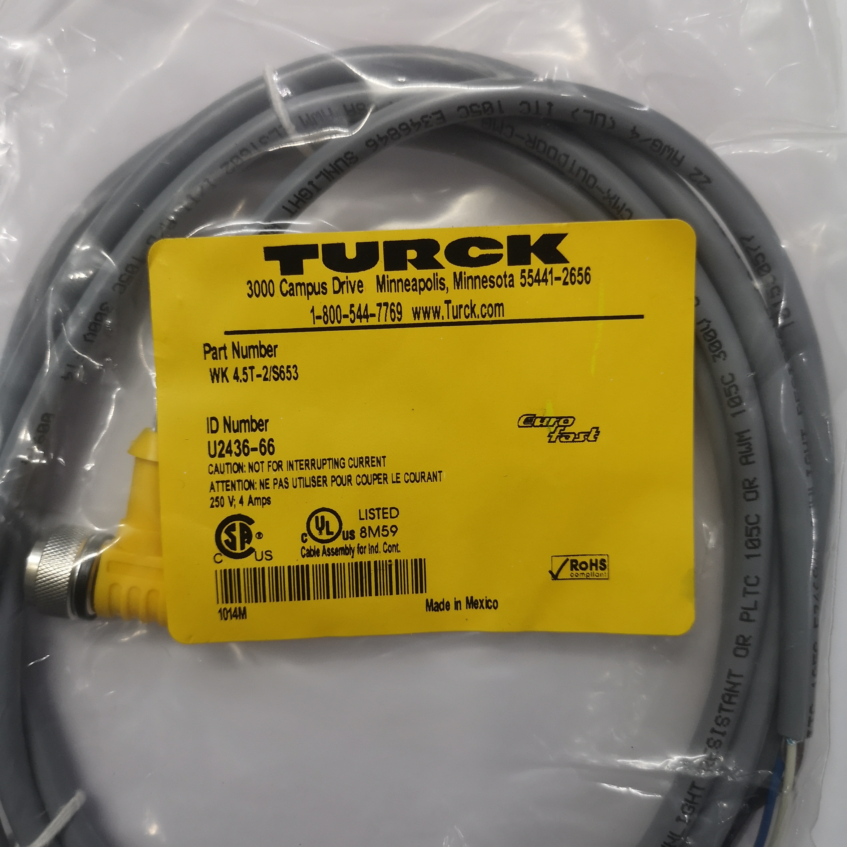 Turck U2436-66 WK 4.5T-2/S653 Cable New
