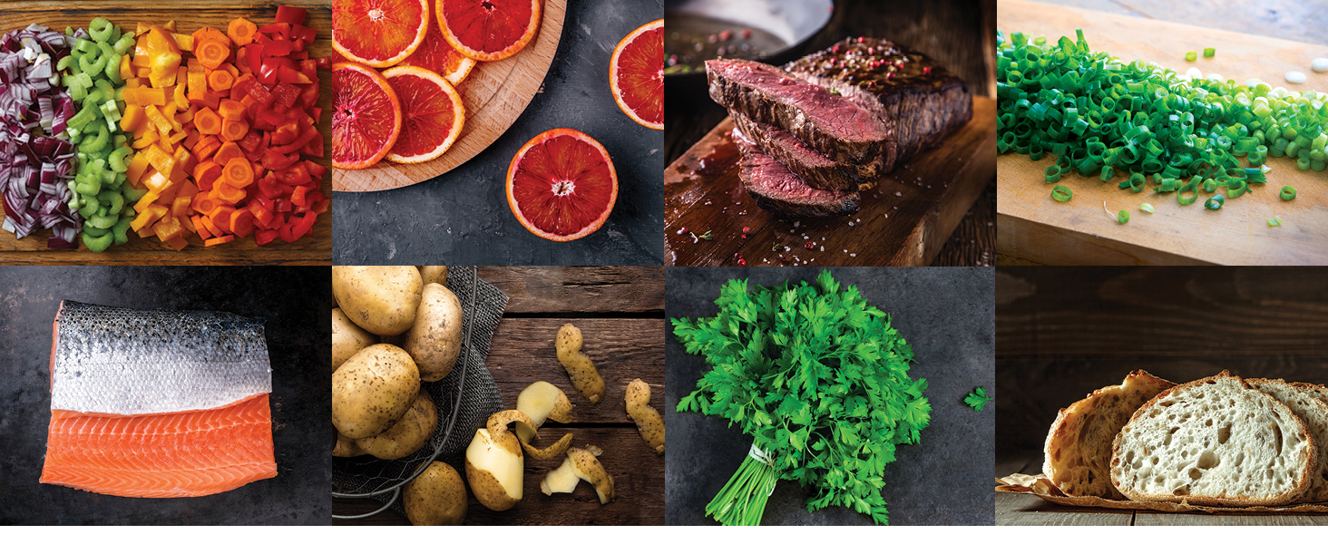 veggies chopped, grapefruit, steak, scallions, fish, potatoes, garnish & bread