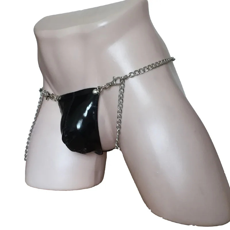 Men's Sexy Patent Leather Iron Chain Thong