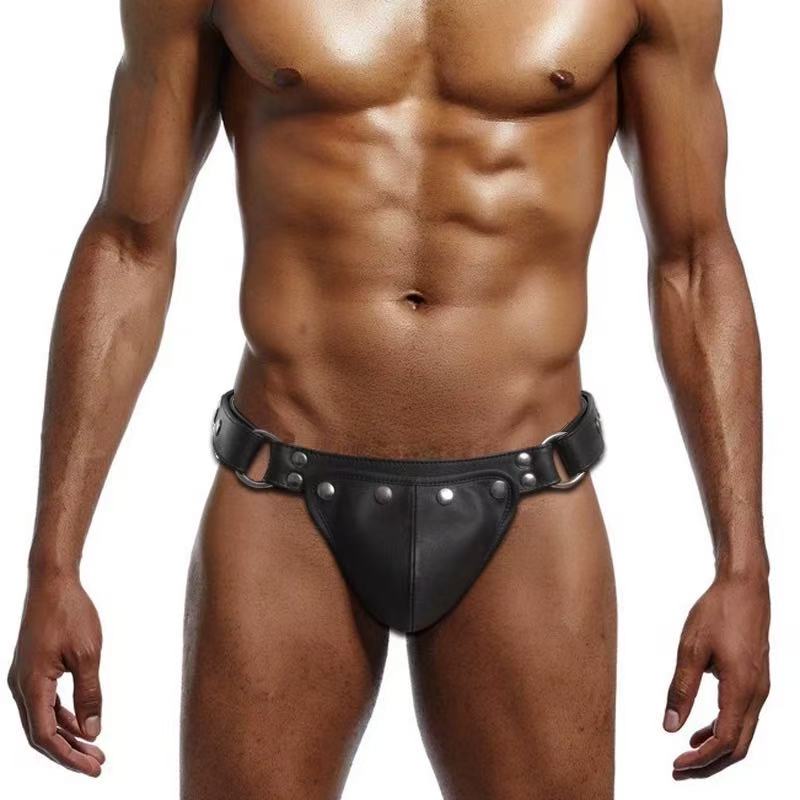 Men’s Leather Bondage Thong – Removable Pouch G-String Harness | PEACHBUMX