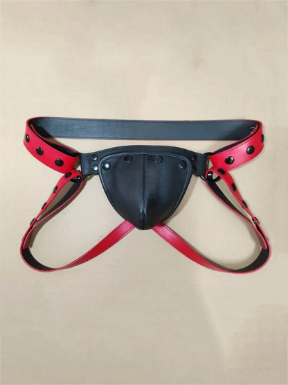 Men's Sexy Low Waist Red Genuine Leather Jockstrap