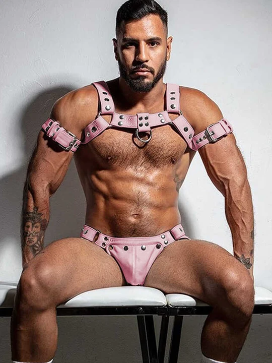 Pink King Kong Barbie Genuine Leather Armlet Chest Strap Jockstrap