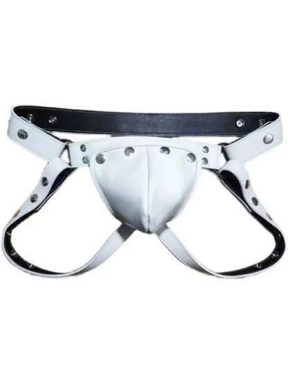 Men's Sexy Hollow White Genuine Leather Jockstrap