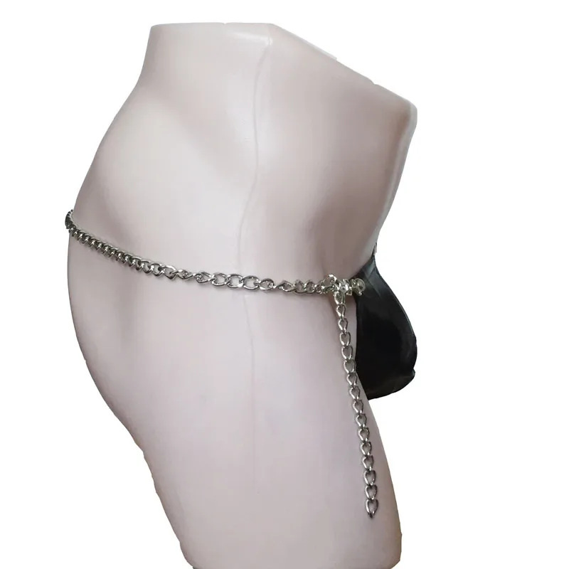 Men's Sexy Patent Leather Iron Chain Thong