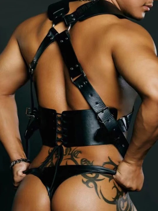 Leather Erotic Corset Harness Strap - Black