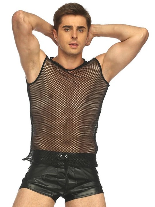Sexy Hollow Grid Sleeveless Men's Tank Top