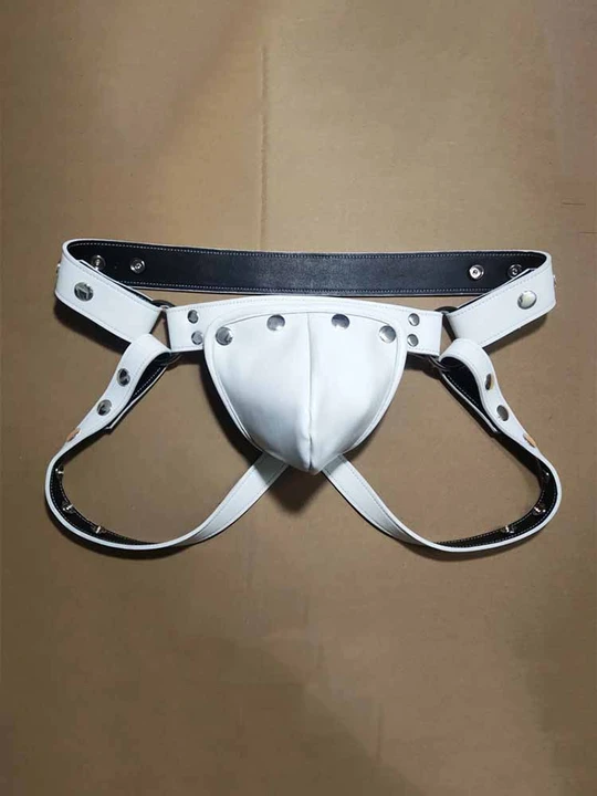 Men's Sexy Hollow White Genuine Leather Jockstrap