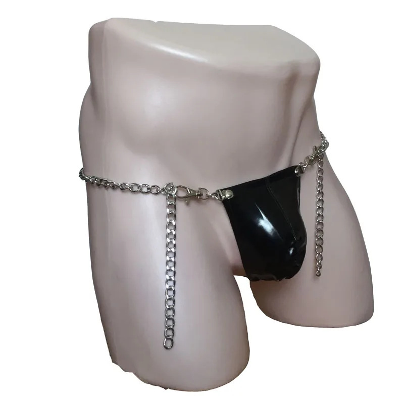Men's Sexy Patent Leather Iron Chain Thong