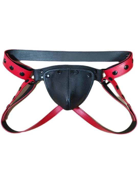 Men's Sexy Low Waist Red Genuine Leather Jockstrap