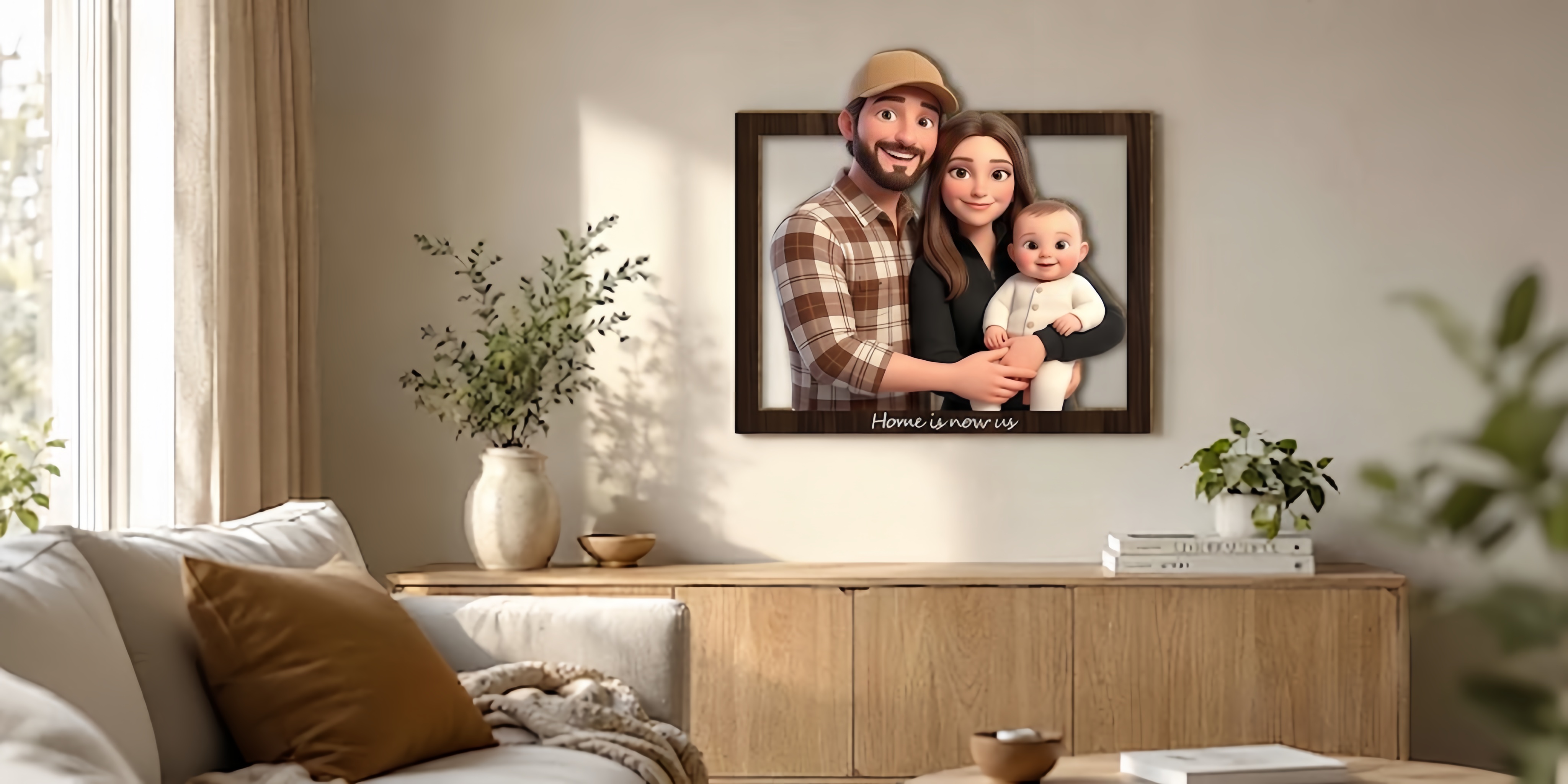 Custom Wooden Wall Art hanging in a living room