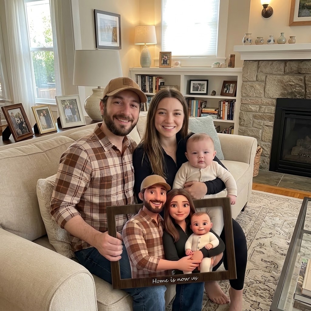 Cartoon portrait created from a real family photo