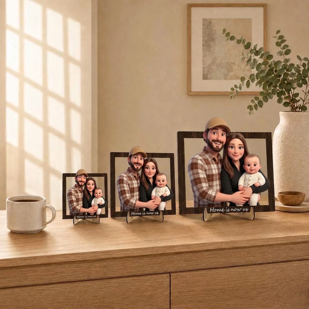 Three sizes of custom wooden wall art side by side