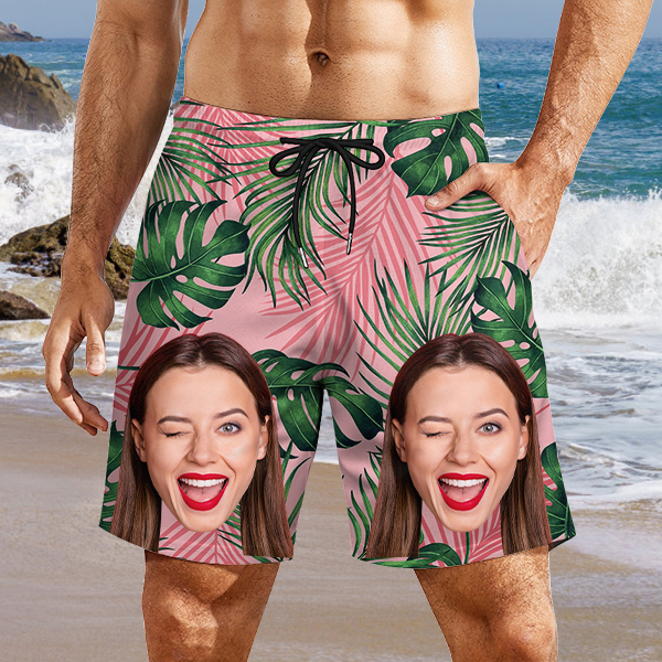 Custom Hawaiian Mens‘ Shorts Personalized Photo Hawaiian Green Plant Sports Beach Shorts Gift For Him For Husband-mekesllser-Swimwear,Mekesllser,Summer Sale,Swimwear For Men,For Men,Hawaiian,Hawaiian Shorts