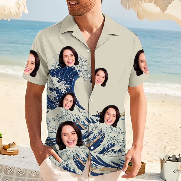 Custom Great Waves Hawaiian Shirt With Face Holiday Beach Shirt Japanese Art Shirt Holiday Gift For Men, For Husband-mekesllser-Swimwear,Mekesllser,Summer Sale,Swimwear For Men,For Men,Japanese Art,Hawaiian Shirt,Men's Hawaiian Shirt