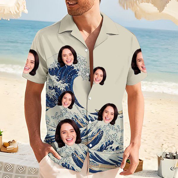 Custom Great Waves Hawaiian Shirt With Face Holiday Beach Shirt Japanese Art Shirt Holiday Gift For Men, For Husband-mekesllser-Swimwear,Mekesllser,Summer Sale,Swimwear For Men,For Men,Japanese Art,Hawaiian Shirt,Men's Hawaiian Shirt