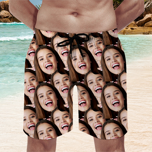 Custom Hawaiian Mens‘ Shorts Personalized Photo Flower Hawaiian Sports Beach Shorts Gift For Him For Husband-mekesllser-Swimwear,Mekesllser,Summer Sale,Swimwear For Men,Hawaiian Shorts,Funny Face