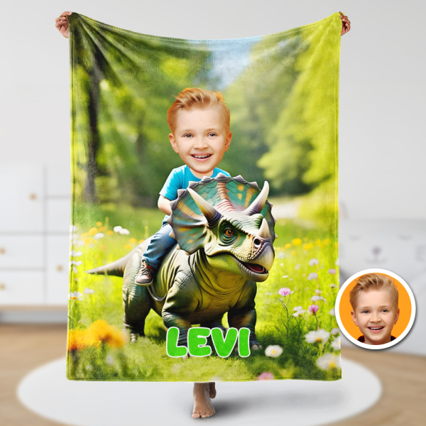 Custom Rainforest Dinosaur Blankets Personalized Boy Riding Triceratops Dinosaur Blanket Gift For Boys-mekesllser-dinosaur blanket,Mekesllser,For Kids,IP,Home&Living,Blanket,For Boys,Dinosaur,Kid's Animal Theme,Blanket for Boys,Autumn Sale,Children's Daily Style