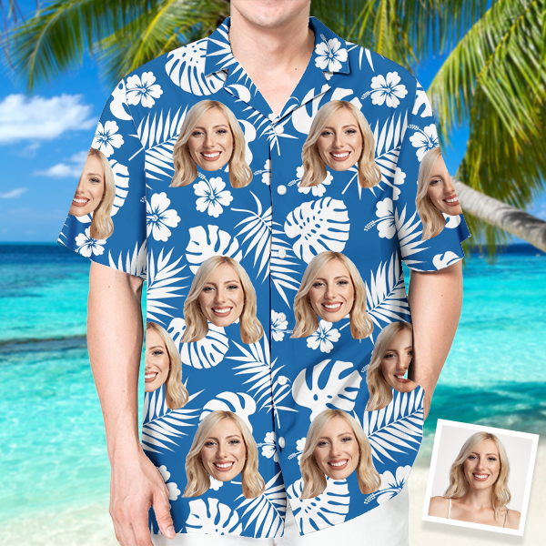 Custom Hawaiian Shirt With Personalized Face Holiday Hibiscus Flower Beach Shirt  Holiday Gift For Men, For Husband-mekesllser-Swimwear,Mekesllser,Summer Sale,Swimwear For Men,For Men,Hawaiian,Hawaiian Shirt,Men's Hawaiian Shirt