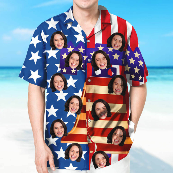 Customthe Independence Day American Flag Hawaiian Shirt With Face Holiday Beach Shirt Liberty Bell Beach Shirt Holiday Gift For Men, For Husband-mekesllser-Swimwear,Mekesllser,American Flag,Summer Sale,Swimwear For Men,For Men,Hawaiian Shirt,Men's Hawaiian Shirt
