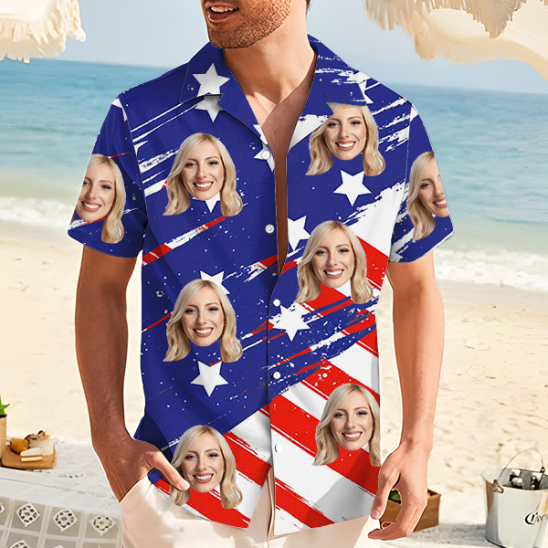 Custom American Flag Hawaiian Shirt With Face Holiday Independence Day Beach Shirt Beach Shirt Holiday Gift For Men-mekesllser-Swimwear,Mekesllser,American Flag,Summer Sale,Swimwear For Men,For Men,Hawaiian Shirt,Men's Hawaiian Shirt