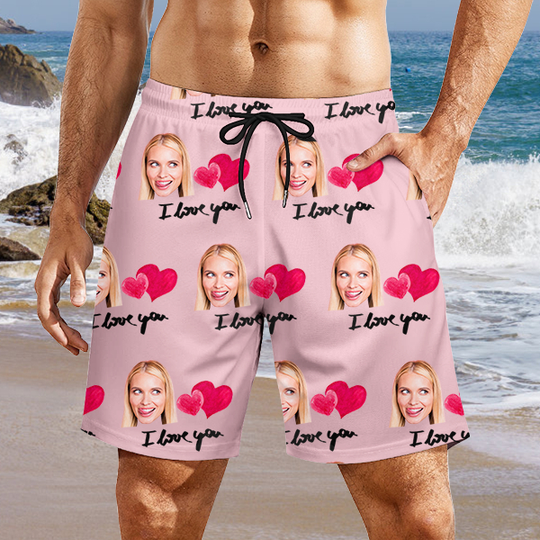 Custom Sweet Heart Mens‘ Shorts Personalized Photo Hawaiian Love Beach Shorts Gift For Him For Husband-mekesllser-Swimwear,Mekesllser,Red Heart,Summer Sale,Swimwear For Men,For Men,Hawaiian Shorts