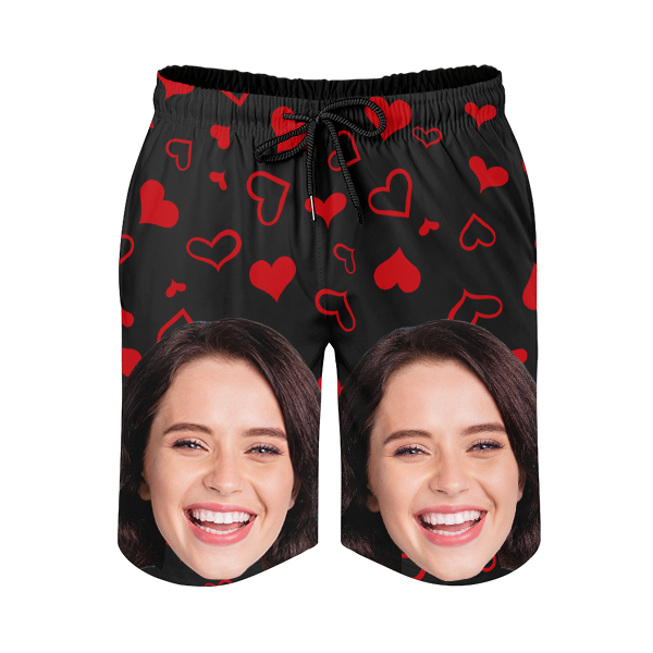 Custom Sweet Red Heart Mens‘ Shorts Personalized Photo Hawaiian Sweet Love Beach Shorts Gift For Him For Husband-mekesllser-Swimwear,Mekesllser,Red Heart,Summer Sale,Swimwear For Men,For Men,Hawaiian Shorts