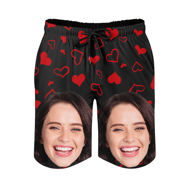 Custom Sweet Red Heart Mens‘ Shorts Personalized Photo Hawaiian Sweet Love Beach Shorts Gift For Him For Husband-mekesllser-Swimwear,Mekesllser,Red Heart,Summer Sale,Swimwear For Men,For Men,Hawaiian Shorts