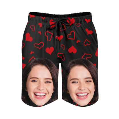 Custom Sweet Red Heart Mens‘ Shorts Personalized Photo Hawaiian Sweet Love Beach Shorts Gift For Him For Husband-mekesllser-Swimwear,Mekesllser,Red Heart,Summer Sale,Swimwear For Men,For Men,Hawaiian Shorts