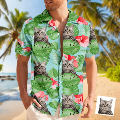 Custom Cat Face Men's Pet Face Flower Hawaiian Shirt Beach Shirt Holiday Gift For Men, For Pet Lover-mekesllser-Swimwear,Mekesllser,Summer Sale,Swimwear For Men,For Men,Hawaiian,Hawaiian Shirt,Men's Hawaiian Shirt,For Pet Lovers