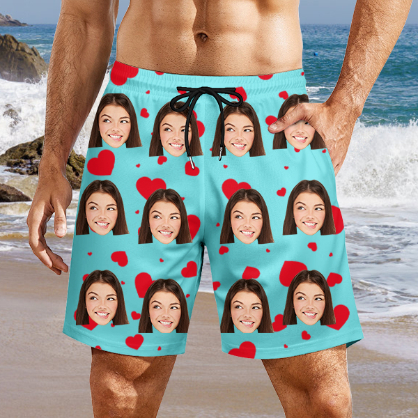Custom Sweet Heart Mens‘ Shorts Personalized Photo Hawaiian Sweet Love Beach Shorts Gift For Him For Husband-mekesllser-Swimwear,Mekesllser,Red Heart,Summer Sale,Swimwear For Men,For Men,Hawaiian Shorts