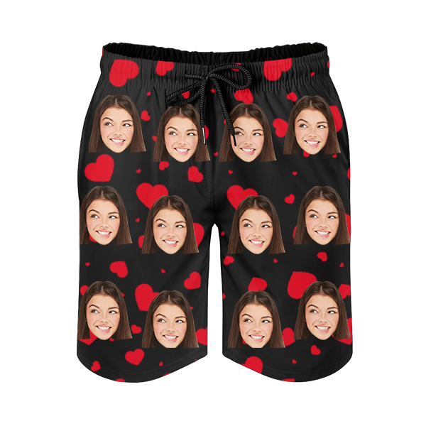 Custom Sweet Heart Mens‘ Shorts Personalized Photo Hawaiian Sweet Love Beach Shorts Gift For Him For Husband-mekesllser-Swimwear,Mekesllser,Red Heart,Summer Sale,Swimwear For Men,For Men,Hawaiian Shorts