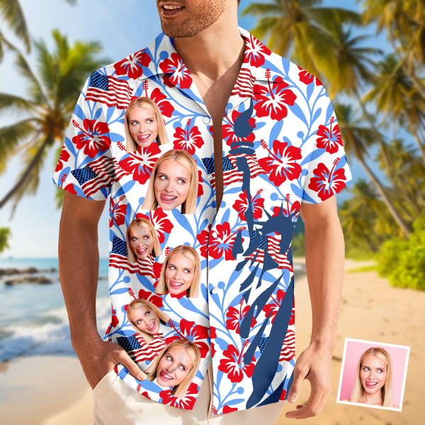 Custom American Flag Flower Hawaiian Shirt With Face Holiday Beach Shirt The Independence Day Beach Shirt Holiday Gift For Men, For Husband-mekesllser-Swimwear,Mekesllser,American Flag,Summer Sale,Swimwear For Men,For Men,Hawaiian,Hawaiian Shirt,Men's Hawaiian Shirt,Independence Day