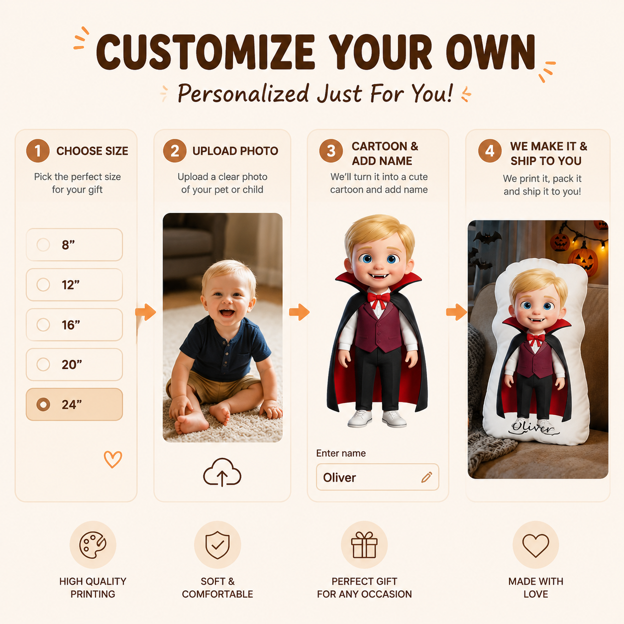 Custom Halloween Doll Pillow – Custom Doll Shape Pillow With Face & Name For Kids | Personalized Halloween Throw Cushion For Home & Living | For Nursery Decor | Halloween Gifts For Family