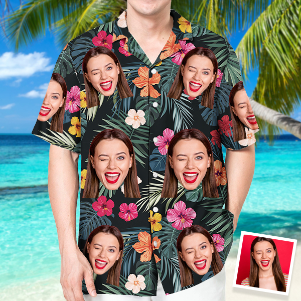 Custom Hawaiian Hibiscus Shirt With Personalized Face Holiday Flower Beach Shirt  Holiday Gift For Men, For Husband-mekesllser-Swimwear,Mekesllser,Summer Sale,Swimwear For Men,For Men,Hawaiian,Hawaiian Shirt,Men's Hawaiian Shirt