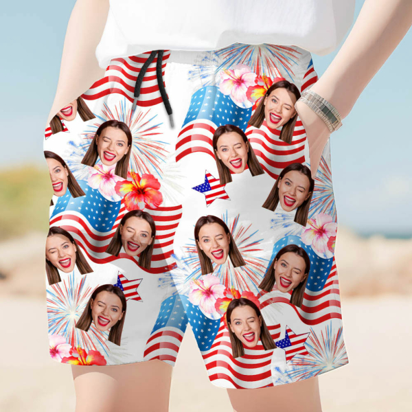 Custom The Independence Day Men’s Beach Shorts Personalized Photo American Flag Sports Shorts Gift For Him For Husband-mekesllser-Swimwear,Mekesllser,American Flag,Summer Sale,Beach Shorts,Swimwear For Men,For Men,Hawaiian