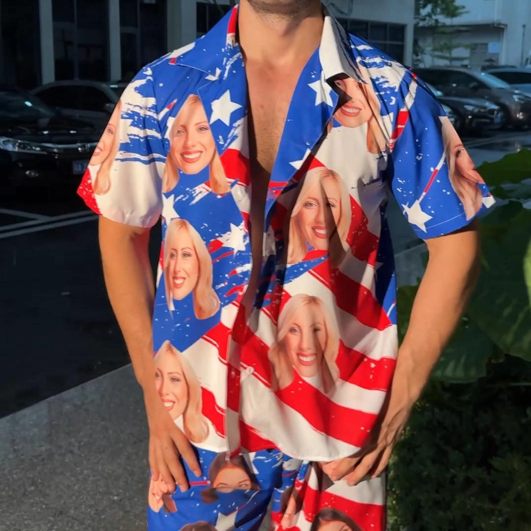Custom American Flag Hawaiian Shirt With Face Holiday Independence Day Beach Shirt Beach Shirt Holiday Gift For Men