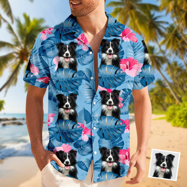 Custom Dog Men's Pet Face Flower Hawaiian Shirt Beach Shirt Holiday Gift For Men, For Pet Lover-mekesllser-Swimwear,Mekesllser,Summer Sale,Swimwear For Men,For Men,Hawaiian,Hawaiian Shirt,Men's Hawaiian Shirt,For Pet Lovers