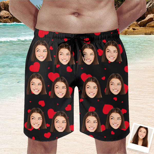 Custom Sweet Heart Mens‘ Shorts Personalized Photo Hawaiian Sweet Love Beach Shorts Gift For Him For Husband-mekesllser-Swimwear,Mekesllser,Red Heart,Summer Sale,Swimwear For Men,For Men,Hawaiian Shorts