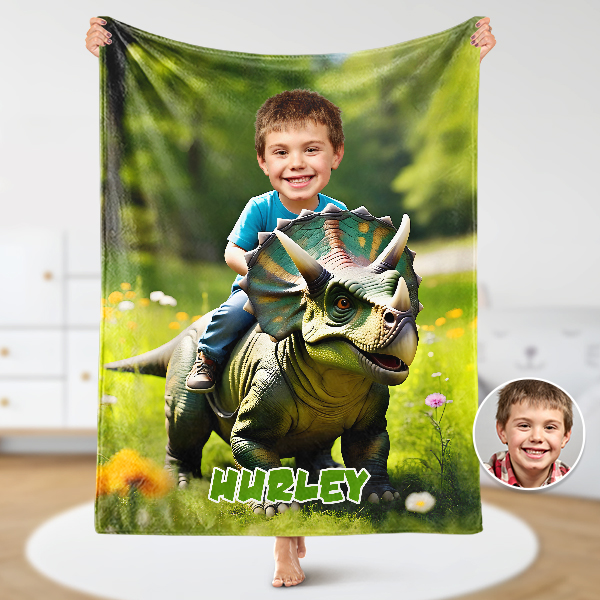 Custom Riding Dinosaur Blankets Personalized Face & Name Hero Blanket Gifts For Boys-mekesllser-dinosaur blanket,Mekesllser,For Kids,Home&Living,Blanket,For Boys,Dinosaur,Blanket for Boys