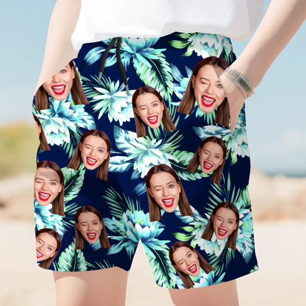 Custom Men’s Beach Shorts Personalized Photo  Hawaiian Flower Sports Shorts Gift For Him For Husband-mekesllser-Swimwear,Mekesllser,Summer Sale,Beach Shorts,Swimwear For Men,For Men,Hawaiian