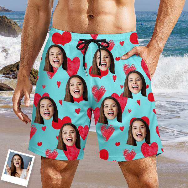 Custom Sweet Heart Mens‘ Shorts Personalized Photo Name Hawaiian Beach Shorts Gift For Him For Husband-mekesllser-Swimwear,Mekesllser,Red Heart,Summer Sale,Swimwear For Men,For Men,Hawaiian Shorts