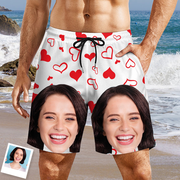 Custom Sweet Red Heart Mens‘ Shorts Personalized Photo Hawaiian Sweet Love Beach Shorts Gift For Him For Husband-mekesllser-Swimwear,Mekesllser,Red Heart,Summer Sale,Swimwear For Men,For Men,Hawaiian Shorts