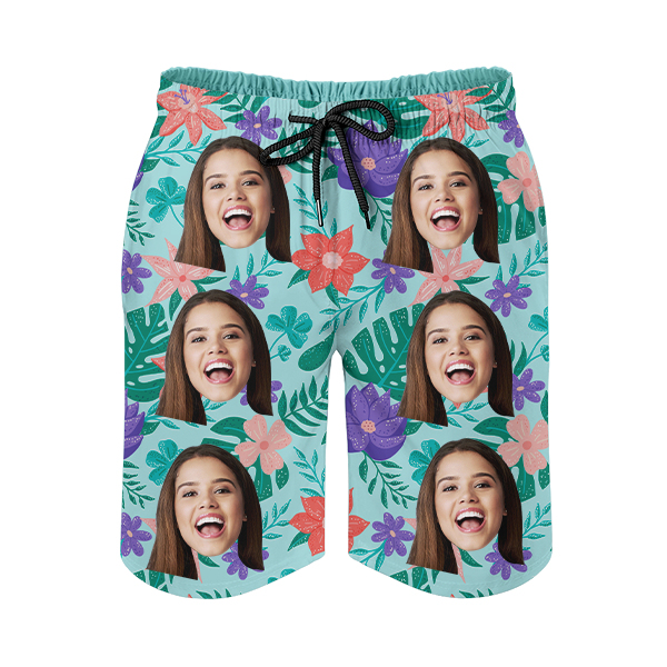 Custom Hawaiian Mens‘ Shorts Personalized Photo Hawaiian Flower Sports Beach Shorts Gift For Him For Husband-mekesllser-Swimwear,Mekesllser,Summer Sale,Swimwear For Men,For Men,Hawaiian,Hawaiian Shorts